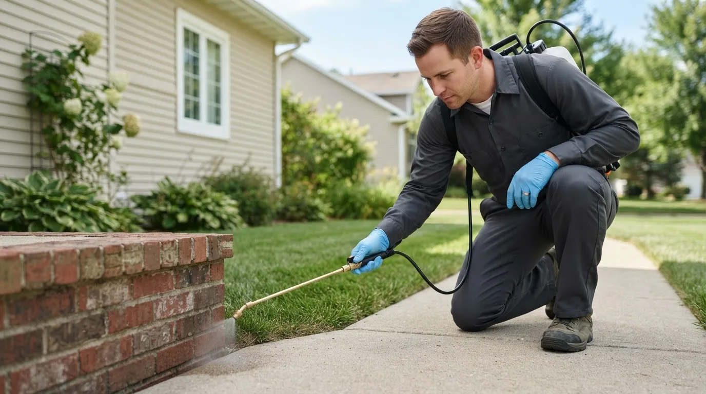 Pest control technician treating a home near Hurdsfield, ND