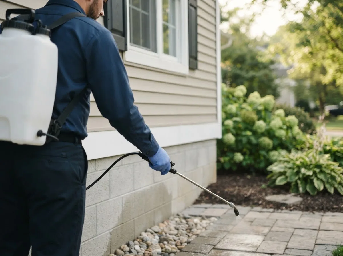 Pest control technician inspecting a home in Hurdsfield, ND